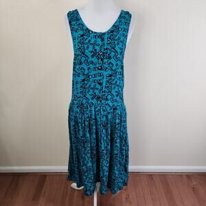 Vintage 1990s Teal Black 100% Rayon Sleeveless Midi Maxi Dress Buckle Back S